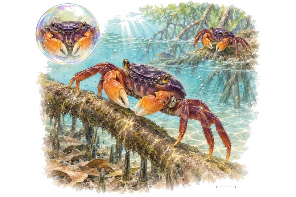 Aquarelle : Crabe à pinces rouges (Pseudosesarma edwardsii) dans une eau turquoise lumineuse, avec une vue de trois quarts et un détail dans une bulle.