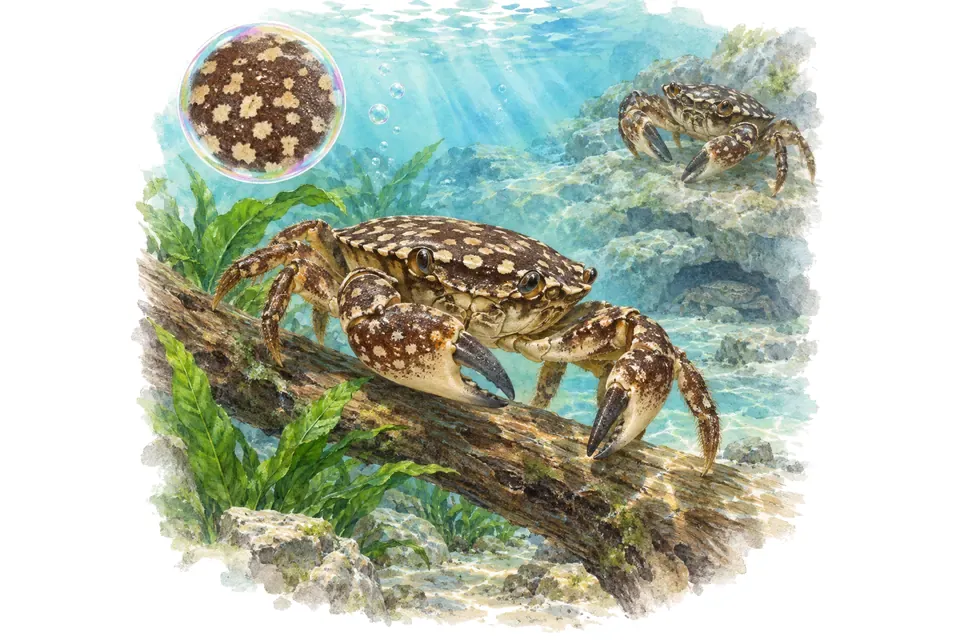 Aquarelle : Crabe panthère (Parathelphusa pantherina) dans une eau turquoise lumineuse, avec une vue de trois quarts et un détail dans une bulle.