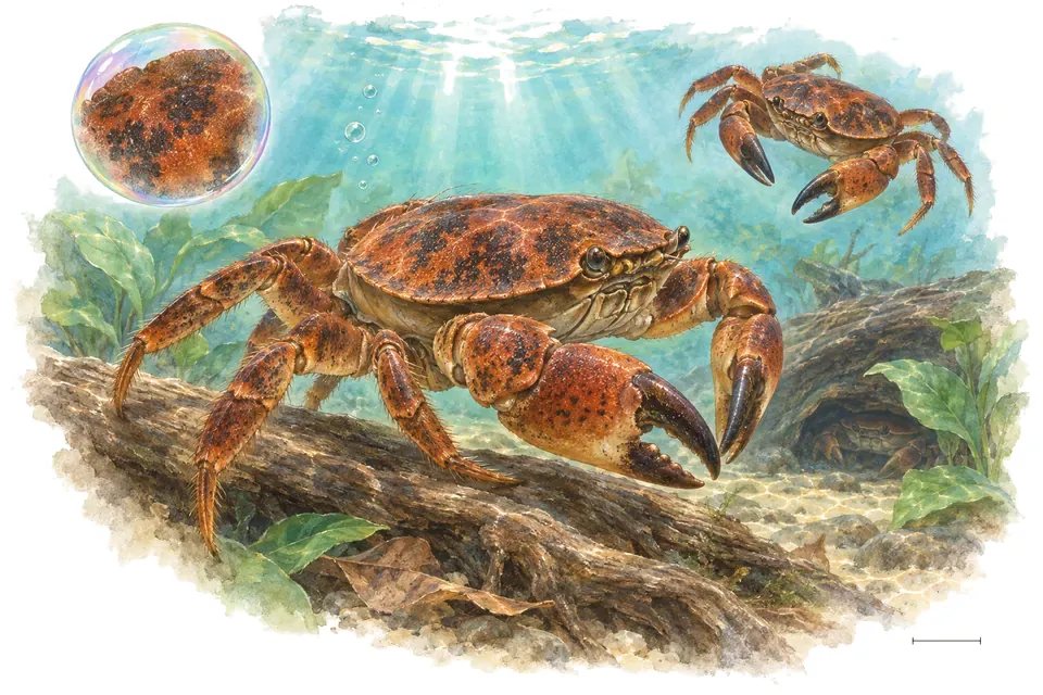Aquarelle : Crabe panthère ferrugineux (Parathelphusa ferruginea) dans une eau turquoise lumineuse, avec une vue de trois quarts et un détail dans une bulle.