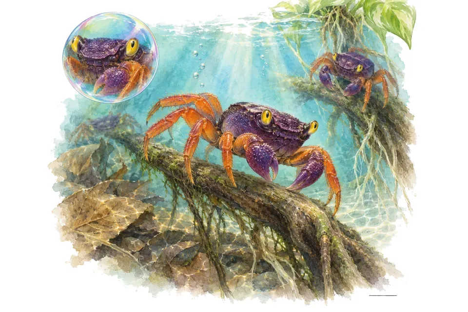 Aquarelle : Crabe vampire (Geosesarma dennerle) dans une eau turquoise lumineuse, avec une vue de trois quarts et un détail dans une bulle.
