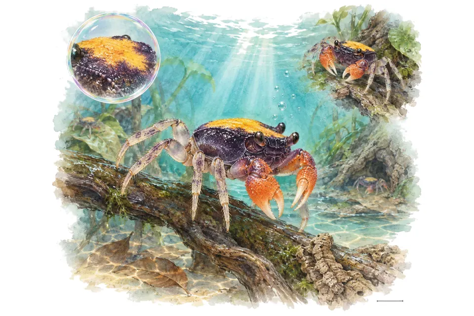 Aquarelle : Crabe vampire à dos jaune (Geosesarma notophorum) dans une eau turquoise lumineuse, avec une vue de trois quarts et un détail dans une bulle.