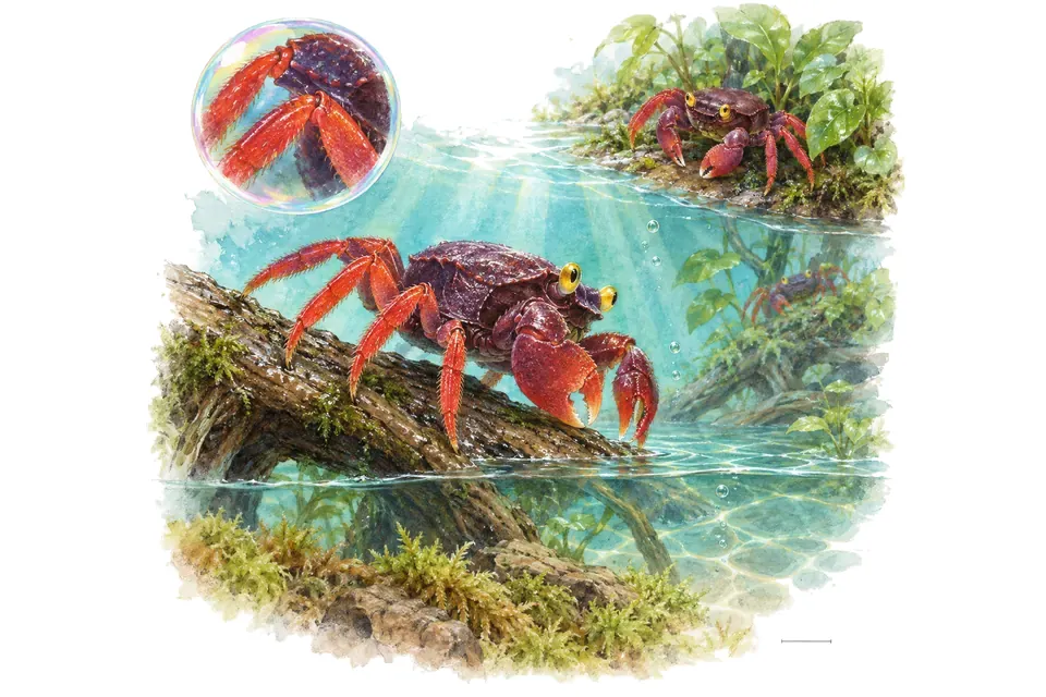 Aquarelle : Crabe vampire rouge (Geosesarma hagen) dans une eau turquoise lumineuse, avec une vue de trois quarts et un détail dans une bulle.