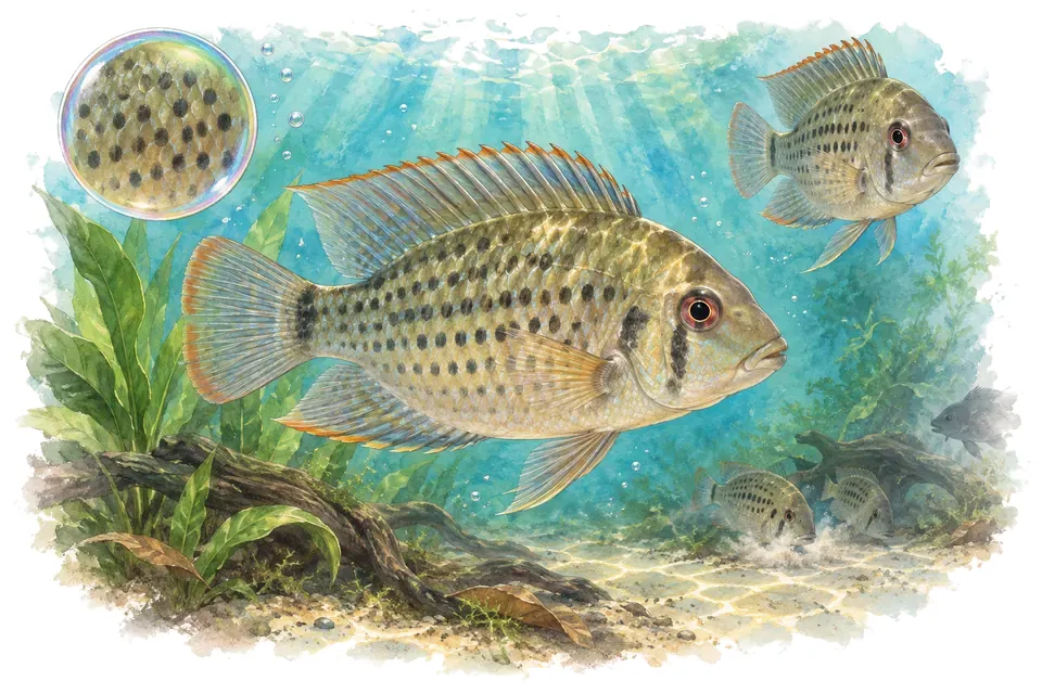 Aquarelle : Cichlidé damier (Crenicara punctulata) dans une eau turquoise lumineuse, avec une vue de trois quarts et un détail dans une bulle.