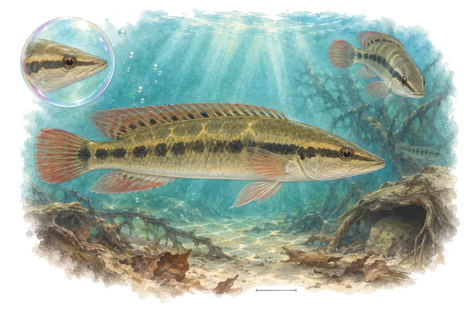 Aquarelle : Cichlidé brochet nain à ocelles (Wallaciia notophthalmus) dans une eau turquoise lumineuse, avec une vue de trois quarts et un détail dans une bulle.
