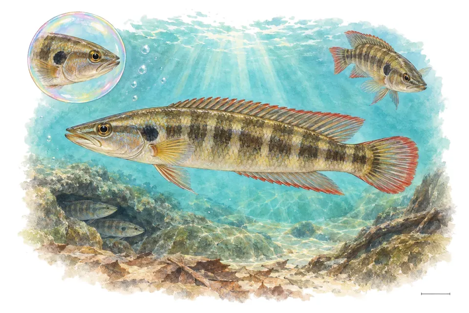 Aquarelle : Crénicichla de Regan (Wallaciia regani) dans une eau turquoise lumineuse, avec une vue de trois quarts et un détail dans une bulle.