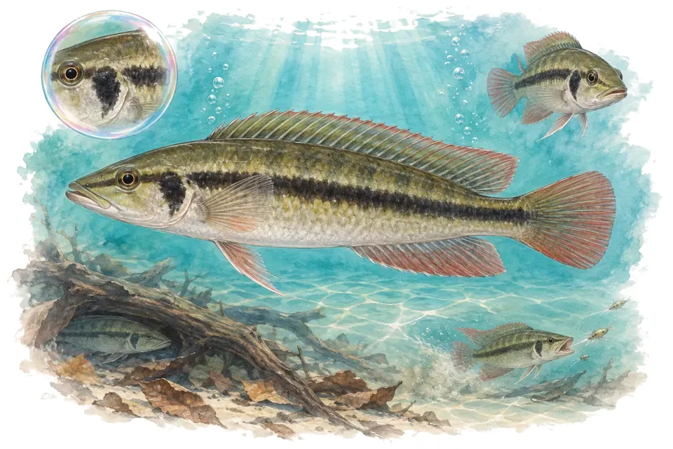 Aquarelle : Cichlidé brochet nain (Wallaciia wallacii) dans une eau turquoise lumineuse, avec une vue de trois quarts et un détail dans une bulle.
