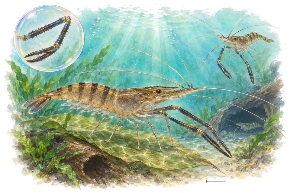 Aquarelle : Crevette à longues pinces (Macrobrachium dayanum) dans une eau turquoise lumineuse, avec une vue de trois quarts et un détail dans une bulle.