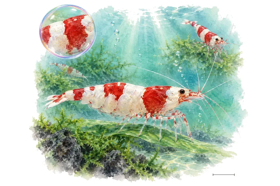 Aquarelle : Crevette abeille (Caridina logemanni) dans une eau turquoise lumineuse, avec une vue de trois quarts et un détail dans une bulle.