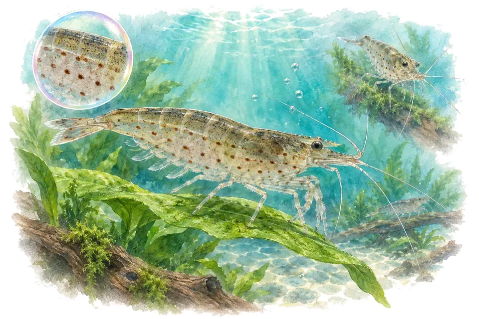 Aquarelle : Crevette amano (Caridina multidentata) dans une eau turquoise lumineuse, avec une vue de trois quarts et un détail dans une bulle.