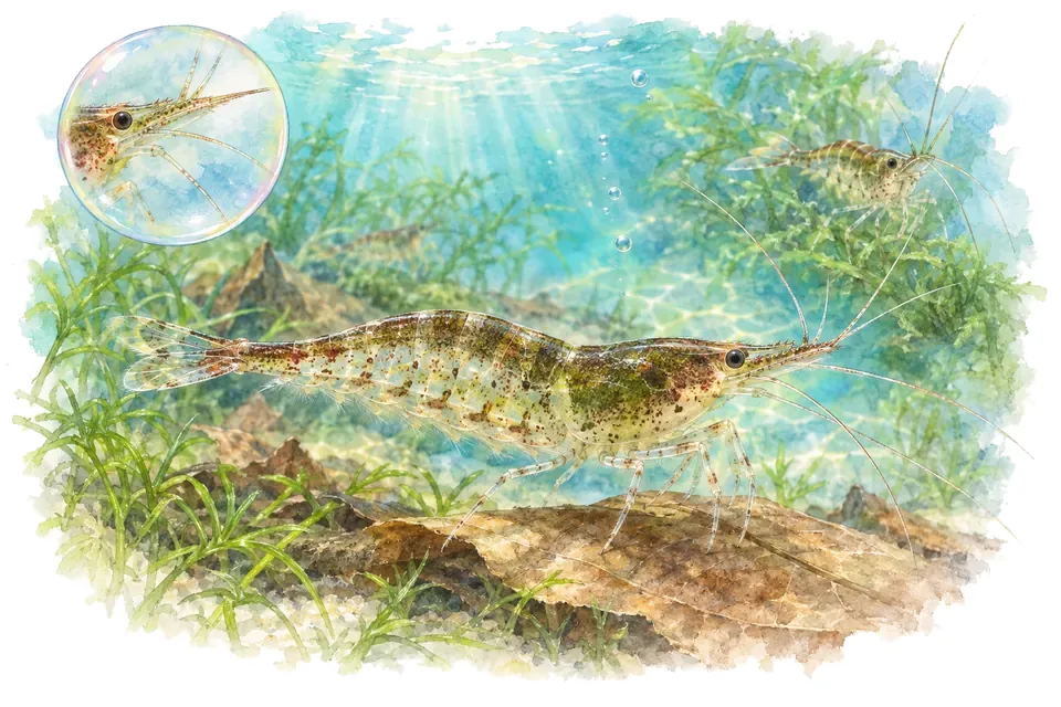 Aquarelle : Crevette babaulti (Caridina babaulti) dans une eau turquoise lumineuse, avec une vue de trois quarts et un détail dans une bulle.