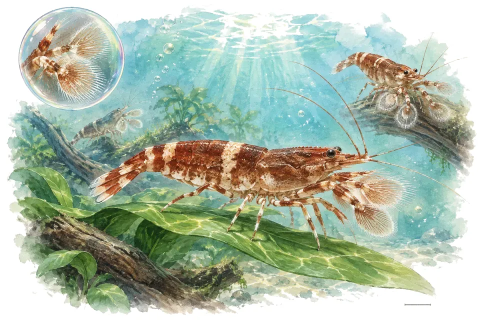 Aquarelle : Crevette bambou (Atyopsis moluccensis) dans une eau turquoise lumineuse, avec une vue de trois quarts et un détail dans une bulle.