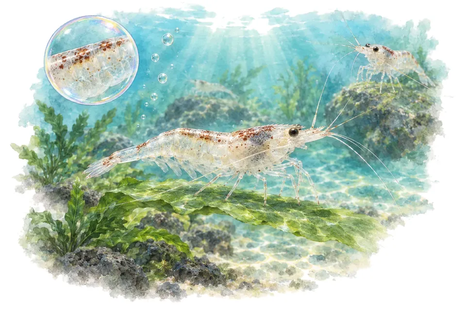 Aquarelle : Crevette blanche de Sulawesi (Caridina mahalona) dans une eau turquoise lumineuse, avec une vue de trois quarts et un détail dans une bulle.