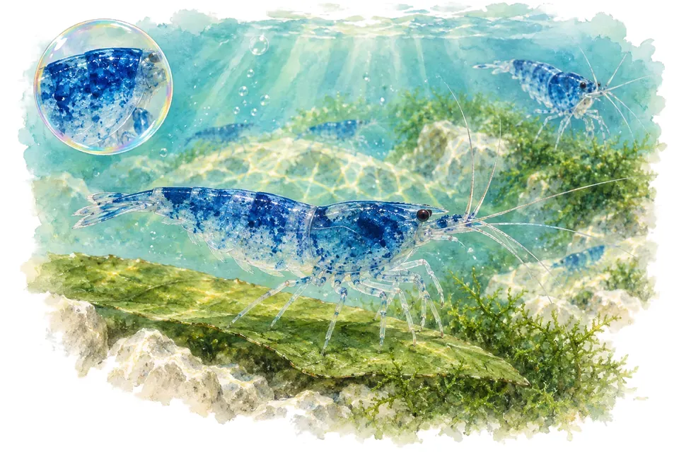 Aquarelle : Crevette bleue de Sulawesi (Caridina caerulea) dans une eau turquoise lumineuse, avec une vue de trois quarts et un détail dans une bulle.