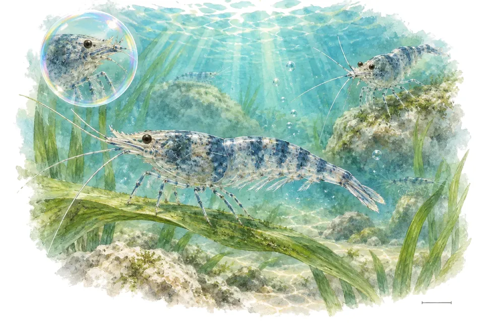 Aquarelle : Crevette arlequin de Sulawesi (Caridina woltereckae) dans une eau turquoise lumineuse, avec une vue de trois quarts et un détail dans une bulle.