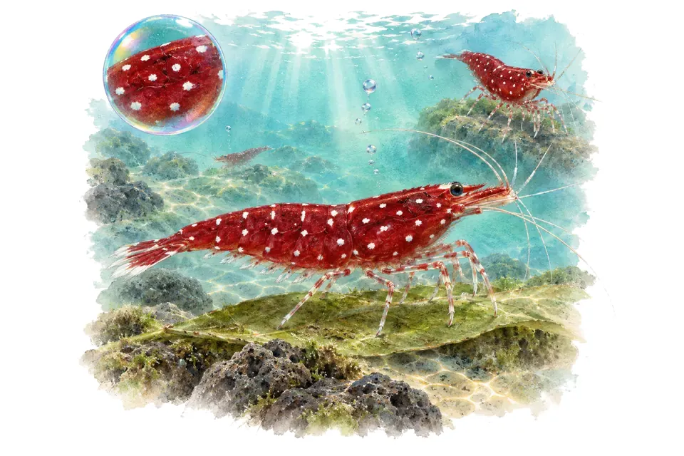 Aquarelle : Crevette cardinal de Sulawesi (Caridina dennerli) dans une eau turquoise lumineuse, avec une vue de trois quarts et un détail dans une bulle.