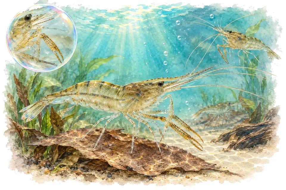 Aquarelle : Crevette cuivrée du Laos (Macrobrachium lanchesteri) dans une eau turquoise lumineuse, avec une vue de trois quarts et un détail dans une bulle.