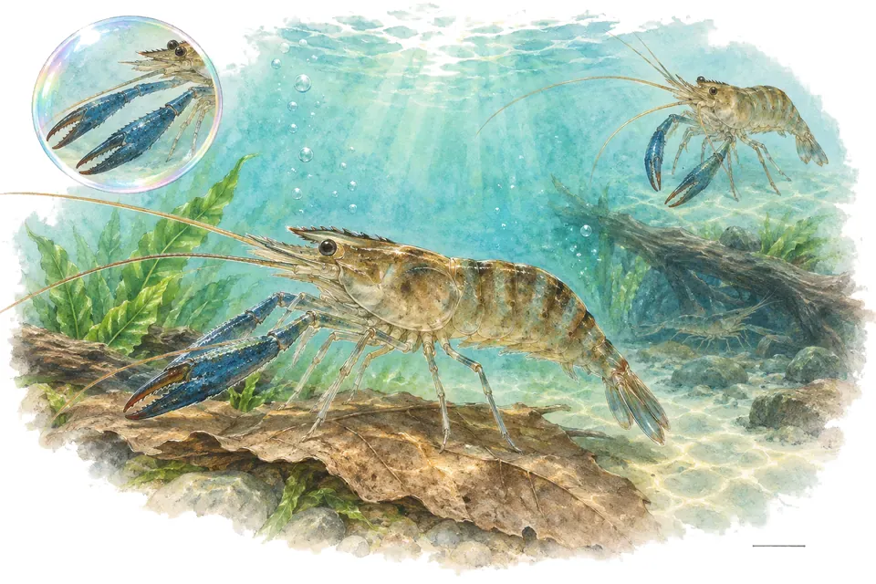 Aquarelle : Crevette d’Assam (Macrobrachium assamense) dans une eau turquoise lumineuse, avec une vue de trois quarts et un détail dans une bulle.