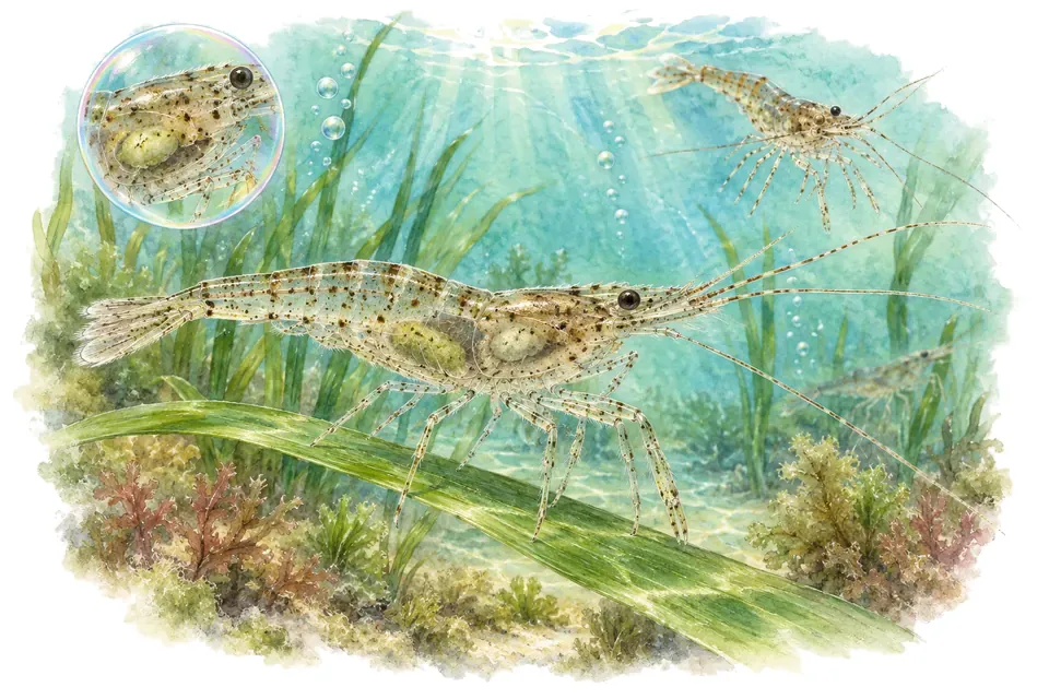Aquarelle : Crevette des marais (Palaemon varians) dans une eau turquoise lumineuse, avec une vue de trois quarts et un détail dans une bulle.