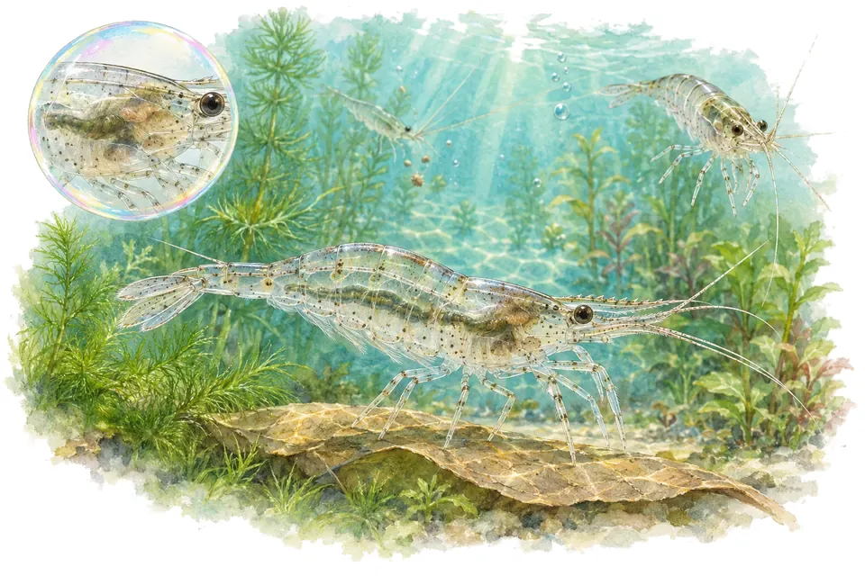 Aquarelle : Crevette fantôme américaine (Palaemon paludosus) dans une eau turquoise lumineuse, avec une vue de trois quarts et un détail dans une bulle.