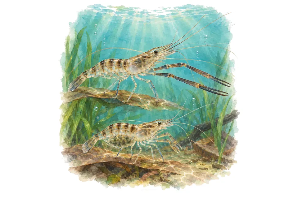 Aquarelle : Crevette indienne à longues pinces, mâle et femelle l'un au-dessus de l'autre dans une eau turquoise.