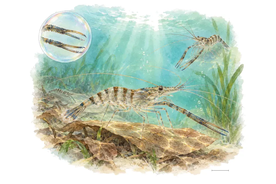 Aquarelle : Crevette indienne à longues pinces (Macrobrachium lamarrei) dans une eau turquoise lumineuse, avec une vue de trois quarts et un détail dans une bulle.