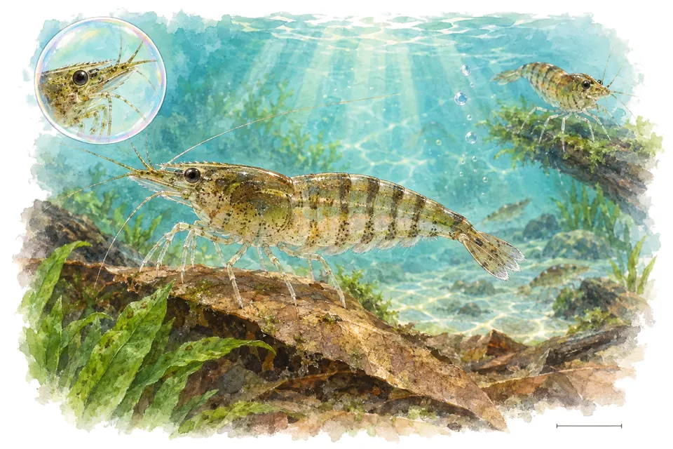 Aquarelle : Crevette néocaridina sauvage (Neocaridina denticulata) dans une eau turquoise lumineuse, avec une vue de trois quarts et un détail dans une bulle.