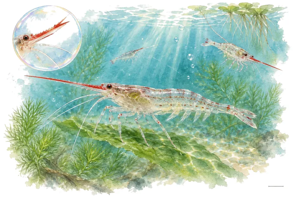 Aquarelle : Crevette nez rouge (Caridina gracilirostris) dans une eau turquoise lumineuse, avec une vue de trois quarts et un détail dans une bulle.