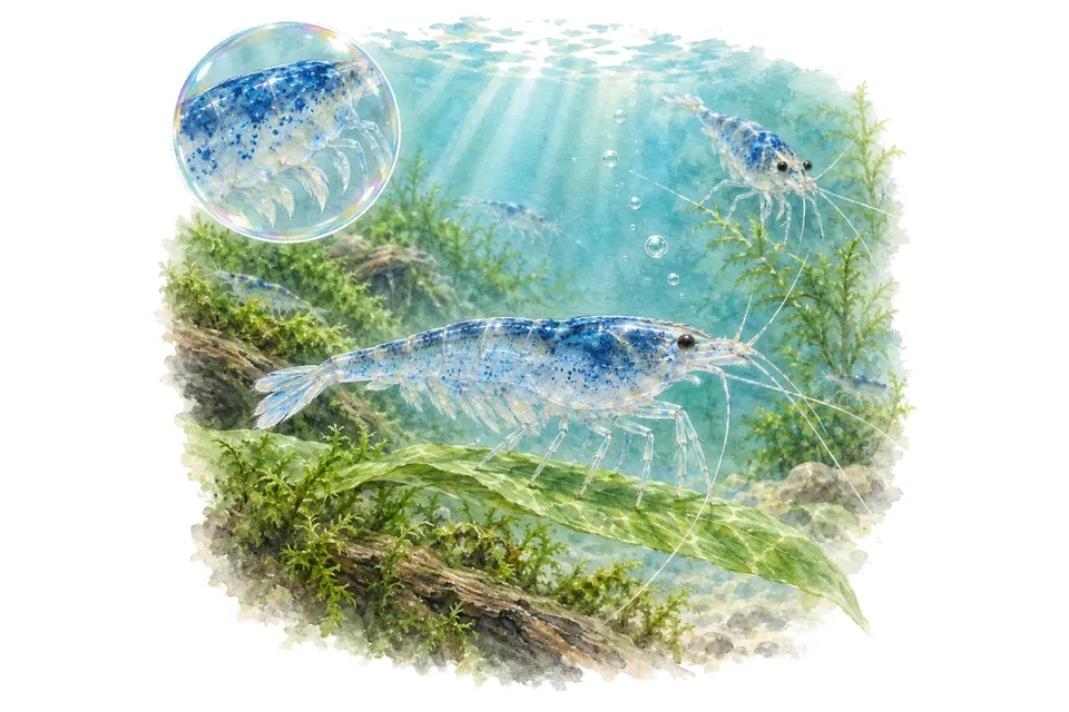 Aquarelle : Crevette perle bleue (Neocaridina palmata) dans une eau turquoise lumineuse, avec une vue de trois quarts et un détail dans une bulle.