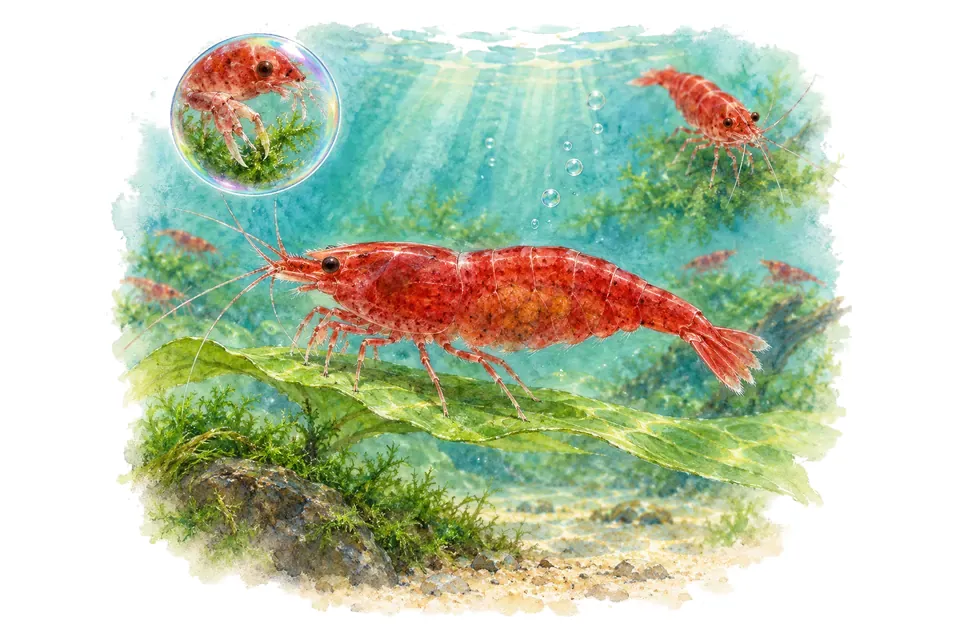 Aquarelle : Crevette Neocaridina rouge (Neocaridina davidi) dans une eau turquoise lumineuse, avec une vue de trois quarts et un détail dans une bulle.