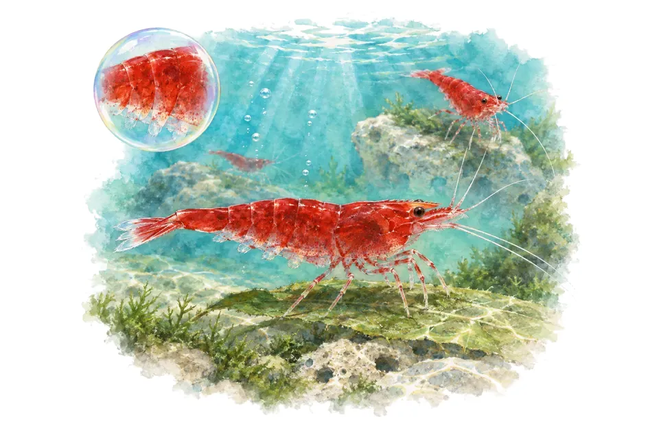 Aquarelle : Crevette rouge de Sulawesi (Caridina spinata) dans une eau turquoise lumineuse, avec une vue de trois quarts et un détail dans une bulle.