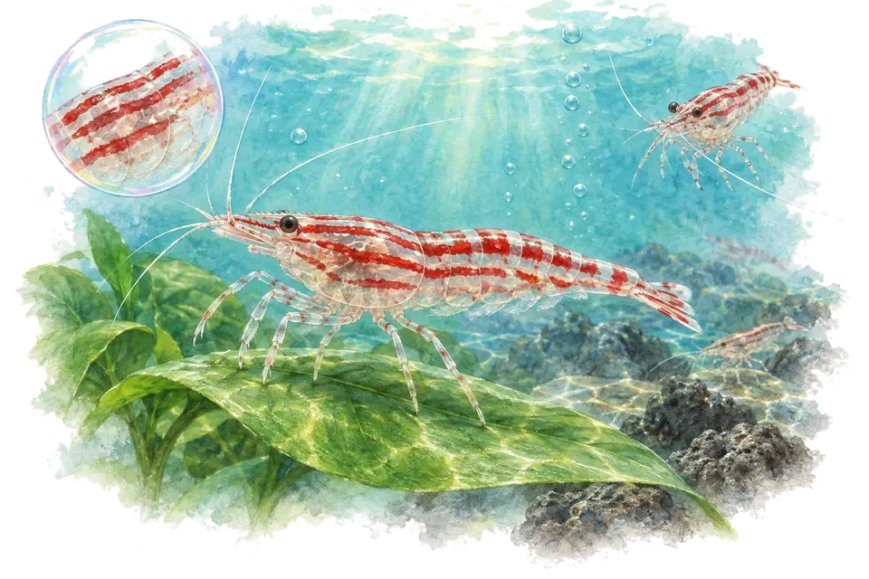 Aquarelle : Crevette rouge rayée de Sulawesi (Caridina striata) dans une eau turquoise lumineuse, avec une vue de trois quarts et un détail dans une bulle.