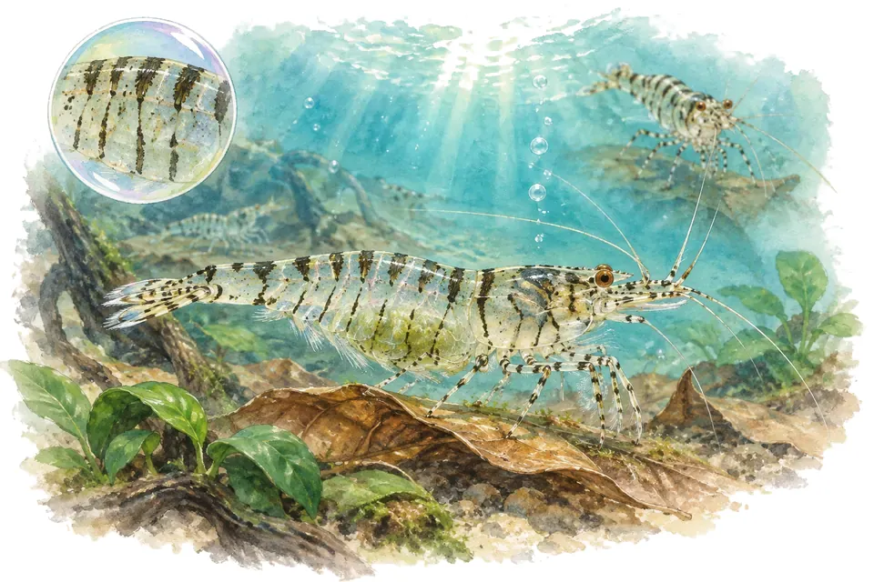 Aquarelle : Crevette tiger (Caridina mariae) dans une eau turquoise lumineuse, avec une vue de trois quarts et un détail dans une bulle.