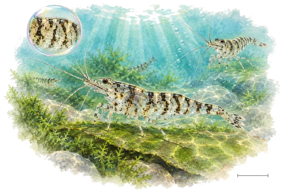 Aquarelle : Crevette serrata (Caridina serrata) dans une eau turquoise lumineuse, avec une vue de trois quarts et un détail dans une bulle.