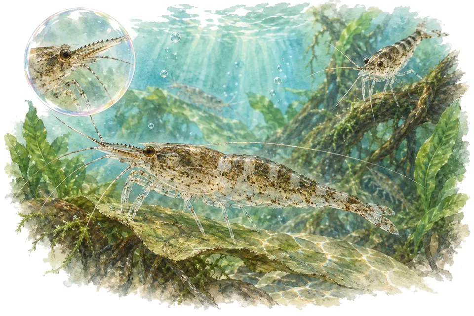 Aquarelle : Crevette typus (Caridina typus) dans une eau turquoise lumineuse, avec une vue de trois quarts et un détail dans une bulle.