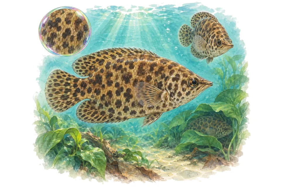 Aquarelle : Cténopoma léopard (Ctenopoma acutirostre) dans une eau turquoise lumineuse, avec une vue de trois quarts et un détail dans une bulle.