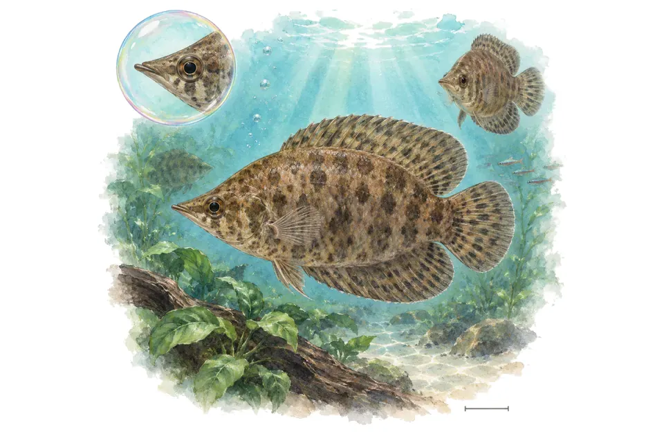 Aquarelle : Cténopoma à museau pointu (Ctenopoma oxyrhynchum) dans une eau turquoise lumineuse, avec une vue de trois quarts et un détail dans une bulle.