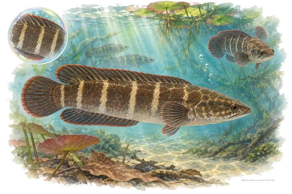 Aquarelle : Gourami noble (Ctenops nobilis) dans une eau turquoise lumineuse, avec une vue de trois quarts et un détail dans une bulle.