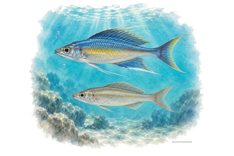 Aquarelle : Cyprichromis leptosoma, mâle et femelle l'un au-dessus de l'autre dans une eau turquoise.
