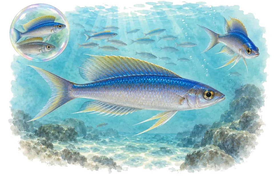 Aquarelle : Cyprichromis leptosoma (Cyprichromis leptosoma) dans une eau turquoise lumineuse, avec une vue de trois quarts et un détail dans une bulle.