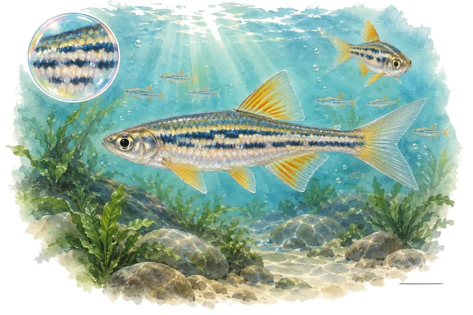 Aquarelle : Danio aesculapii (Danio aesculapii) dans une eau turquoise lumineuse, avec une vue de trois quarts et un détail dans une bulle.