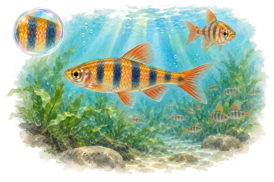 Aquarelle : Danio chopra (Danio choprae) dans une eau turquoise lumineuse, avec une vue de trois quarts et un détail dans une bulle.