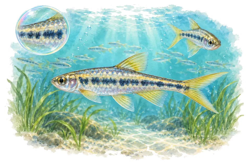 Aquarelle : Danio dangila (Danio dangila) dans une eau turquoise lumineuse, avec une vue de trois quarts et un détail dans une bulle.