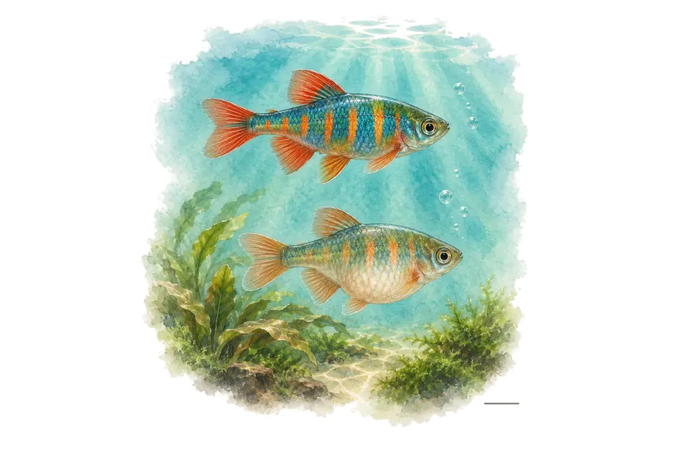 Aquarelle : Danio émeraude, mâle et femelle l'un au-dessus de l'autre dans une eau turquoise.