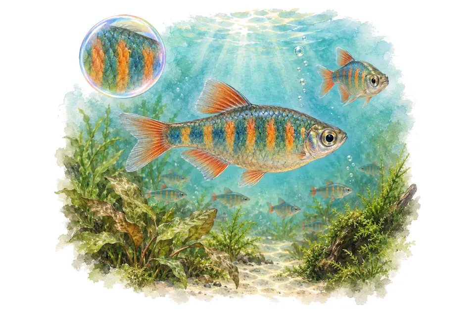 Aquarelle : Danio émeraude (Danio erythromicron) dans une eau turquoise lumineuse, avec une vue de trois quarts et un détail dans une bulle.