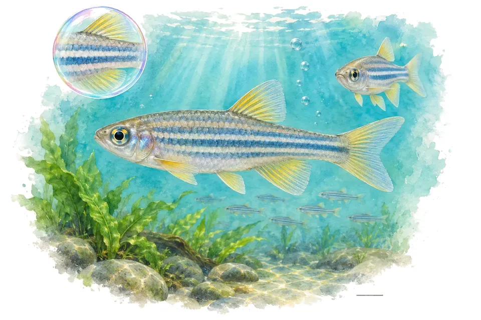 Aquarelle : Danio de Feegrade (Danio feegradei) dans une eau turquoise lumineuse, avec une vue de trois quarts et un détail dans une bulle.