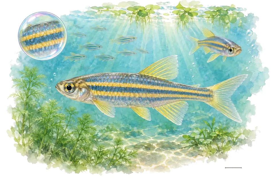 Aquarelle : Danio bleu (Danio kerri) dans une eau turquoise lumineuse, avec une vue de trois quarts et un détail dans une bulle.
