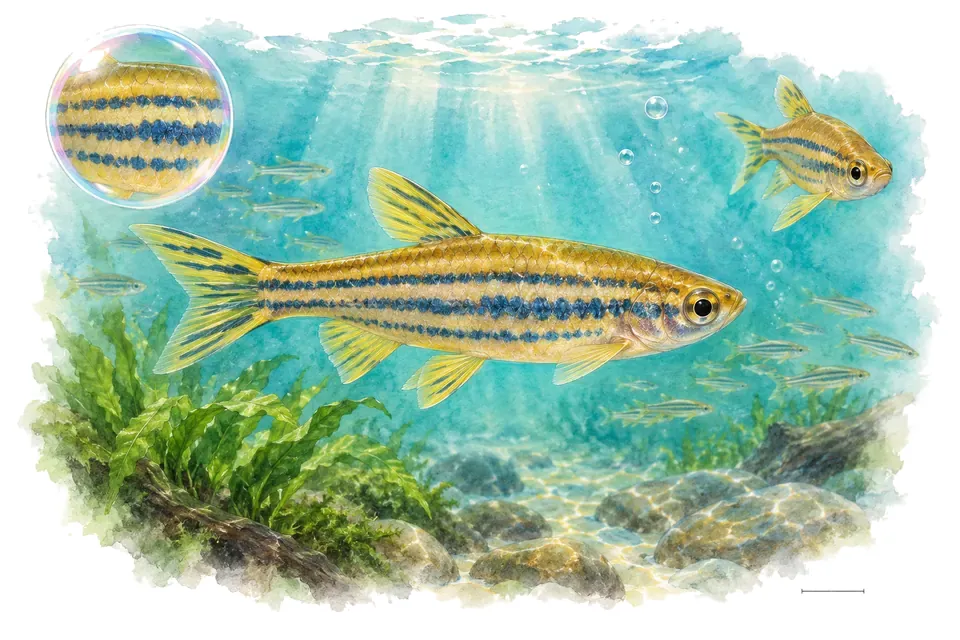 Aquarelle : Danio kyathit (Danio kyathit) dans une eau turquoise lumineuse, avec une vue de trois quarts et un détail dans une bulle.