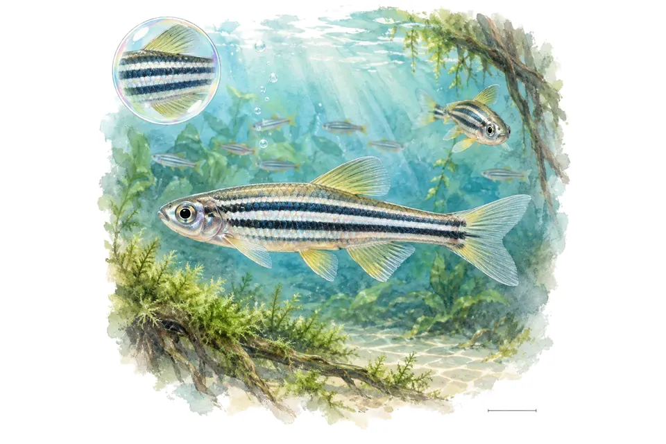 Aquarelle : Danio nain (Danio nigrofasciatus) dans une eau turquoise lumineuse, avec une vue de trois quarts et un détail dans une bulle.