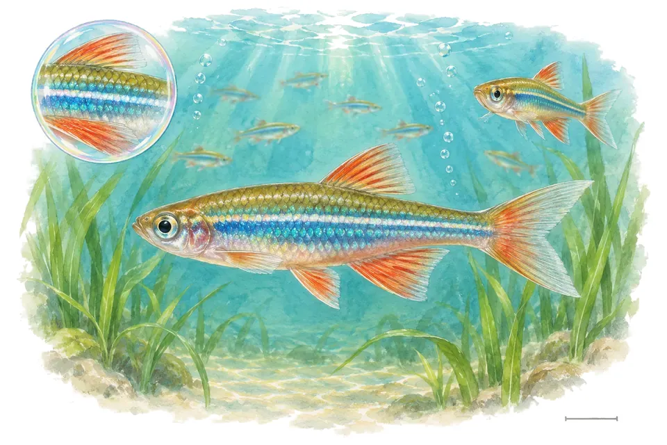 Aquarelle : Danio perlé (Danio albolineatus) dans une eau turquoise lumineuse, avec une vue de trois quarts et un détail dans une bulle.