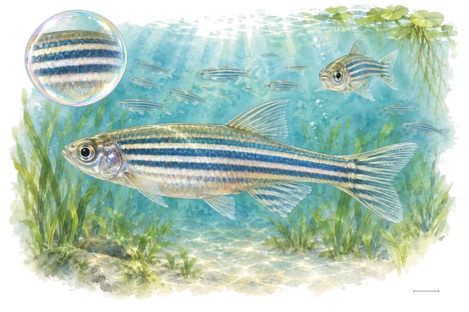 Aquarelle : Danio zébré (Danio rerio) dans une eau turquoise lumineuse, avec une vue de trois quarts et un détail dans une bulle.
